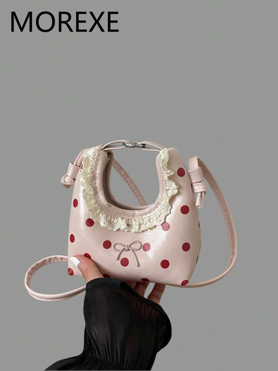 Mini Small Bag, Fashionable Lace Ruffle Crescent Bag, Handheld Small Bag, Stylish Red Crossbody Small Bag - Pink - View 1