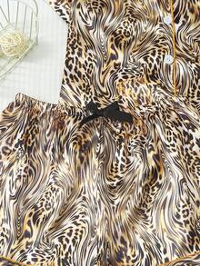 2件組緞面豹紋短袖口袋翻領上衣與蝴蝶結短褲女款睡衣家居服套裝 - 棕色 - 查看 6