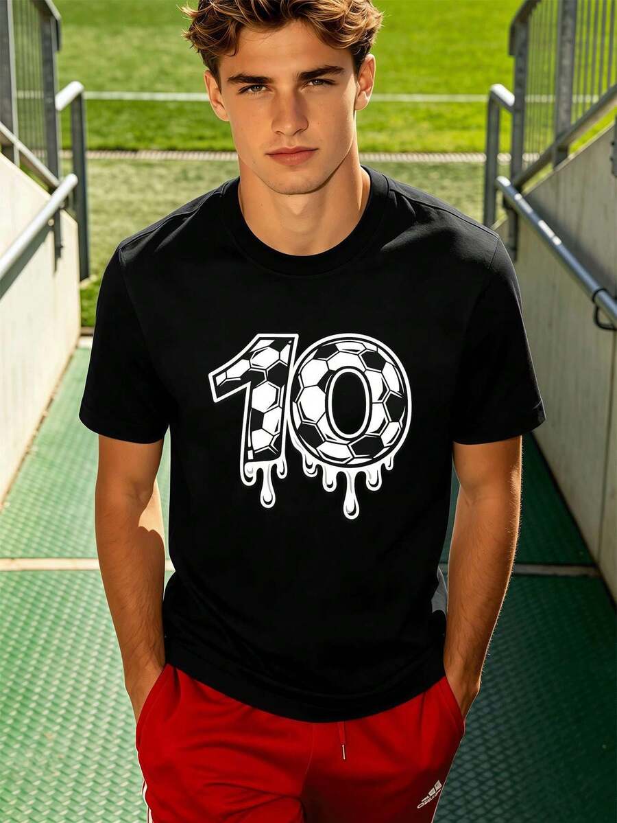 Herren-T-Shirt Mit Fu?Ballnummer 10-Grafik, 100 % Baumwolle, Rundhalsausschnitt, Lockere Passform, Bequem, L?Ssig - White - View 1