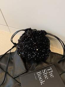 Women's Drawstring Mini Crossbody Bucket Bag, Diamond Quilted Pattern, Daily & Outdoor Use - Black - View 9