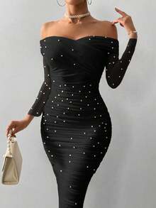 Vestido maxi elegante y romántico para mujer, con hombros descubiertos, decoración de perlas, volantes y ajuste ceñido, para fiesta, cita o Día de San Valentín - Negro - Ver 1