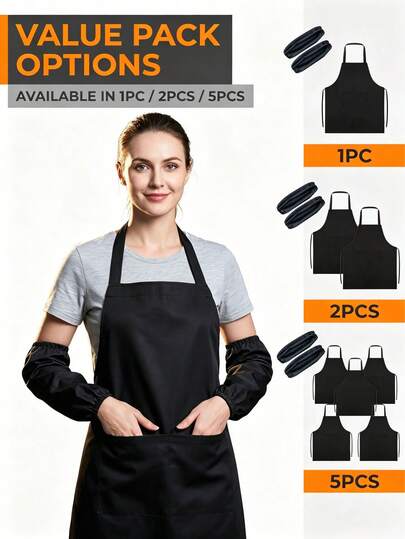 1/2/5pcs Polyester Apron For Women,Simple Style Black Apron With Pockets, Thickened Waist Apron, Fashion Housework Kitchen Household Workwear, Kitchen Supplies