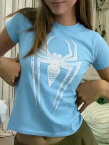 Women's Casual Blue Short Sleeve Round Neck Spider Graphic Print Short T-Shirt, Polyester Slight Stretch Tee,Summertrends,Summer Outfit Inspos - 淡藍色1 - 查看 1