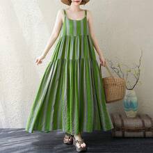 Vestido largo bohemio de algodón y lino estampado de talla grande para mujer, suelto, adelgazante, casual de verano, con tira... - 9102 verde - Ver 1