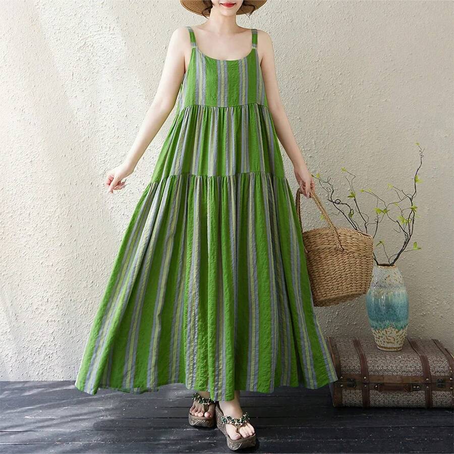 Vestido largo bohemio de algodón y lino estampado de talla grande para mujer, suelto, adelgazante, casual de verano, con tira... - 9102 verde - Ver 1