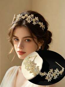 1pc French Luxury Rhinestone Floral Bridal Crown, High-End Wedding Headpiece, Gentle Elegant Wedding Accessory, Wedding Atmosphere Headpiece, Suitable For Wedding, Toasting - Multicolor - View 6
