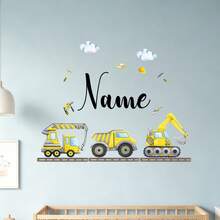 Customized Construction Vehicle Cartoon Wall Sticker, Personalized Text Wall Sticker, Customized Name Self-Adhesive Painting, Customizable Birthday Gift - Style C - View 5