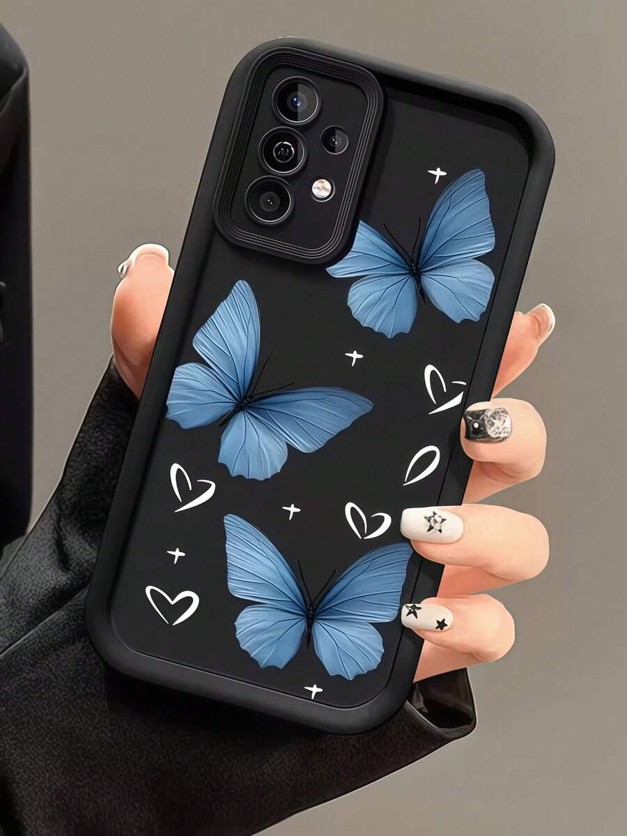 1 Stück kreative blaue Schmetterling süße kleine Herzmuster Farbverlauf Handyhülle, vollständige Abdeckung stoßfeste Schutzhülle, minimalistisches Design, weicher Cartoon-Stil, perfekter Schutz für Ihr Handy, kompatibel mit Honor X7/Galaxy A56 5G/ Smart 8/ Hot 40/Transsion Spark 30C/Spark Go 2024/ Note 14 5G/ E22/E22i/ A54 - Schwarz - Übersicht 1