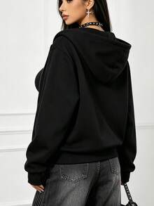 Women's Zip-Up Hooded Jacket, Minimalist White Logo Print Elastic Cuffs Drawstring Sweatshirt Casual Outerwear Black - Black - View 5