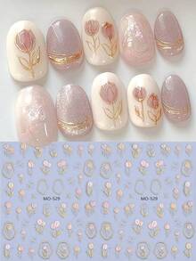 2pcs 5D Embossed Gold Foil Tulip Nail Stickers, Spring/Summer Floral Pattern Nail Art Decals, Pink Tulip Leaf Design Nail Decorations, Self-Adhesive Nail Accessories For Women & Girls - Multicolor - View 1