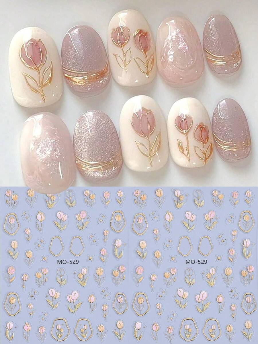 2pcs 5D Embossed Gold Foil Tulip Nail Stickers, Spring/Summer Floral Pattern Nail Art Decals, Pink Tulip Leaf Design Nail Decorations, Self-Adhesive Nail Accessories For Women & Girls - Multicolor - View 1