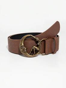 1pc Patterned Solid Color Western Cowboy Leather Belt With Vintage Buckle - Brown - View 1