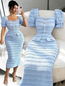 Nuevo vestido midi elegante y versátil de punto texturizado con cuello cuadrado y mangas cortas para mujeres - Azul - Ver 2