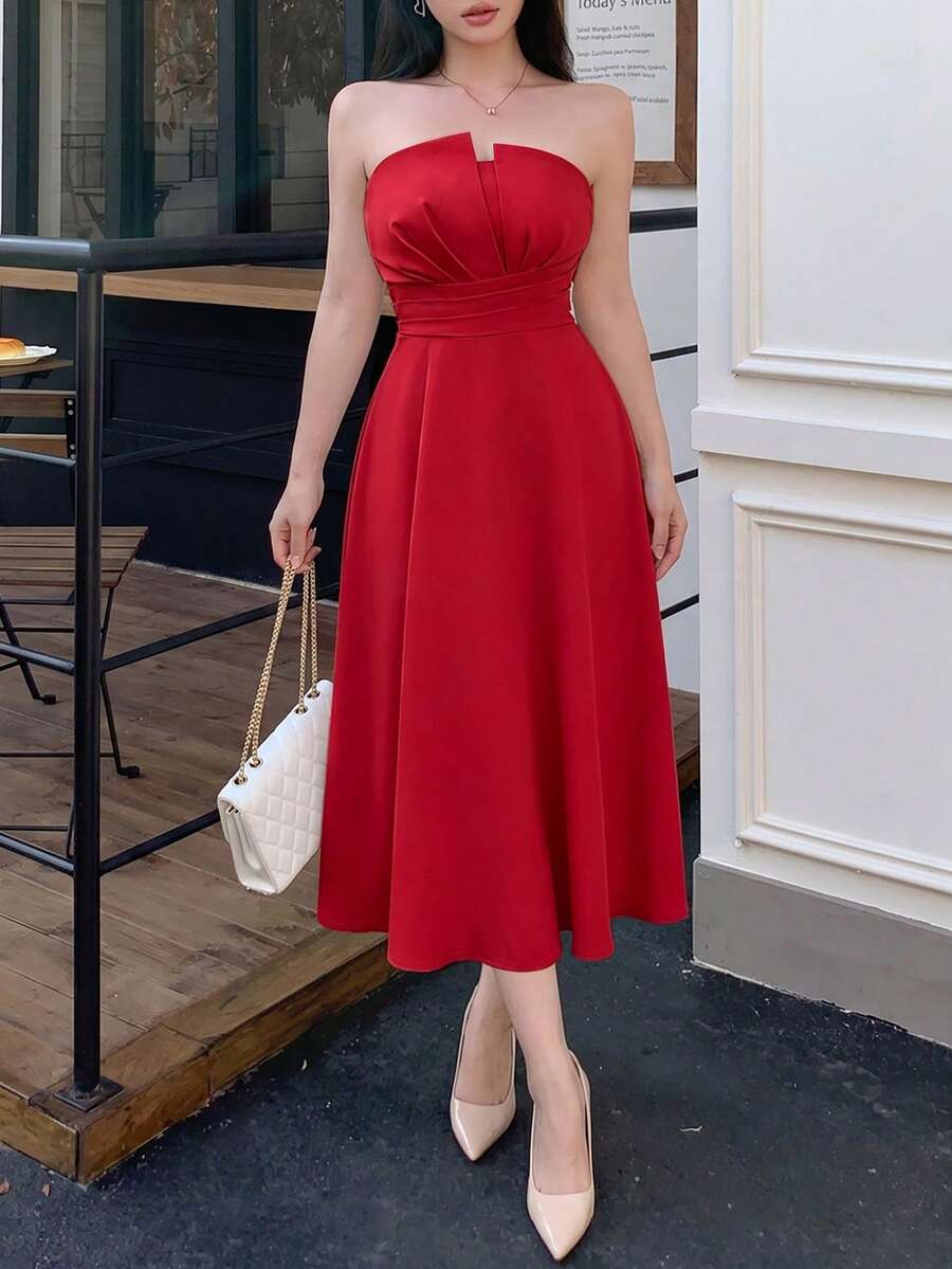 abyoxi 女款紅色抹胸抓皺收腰修身A字中長洋裝,優雅溫柔、休閒簡約,適合通勤辦公、日常出遊、約會、派對、度假,夏秋茶長裙 - 紅色 - 查看 1