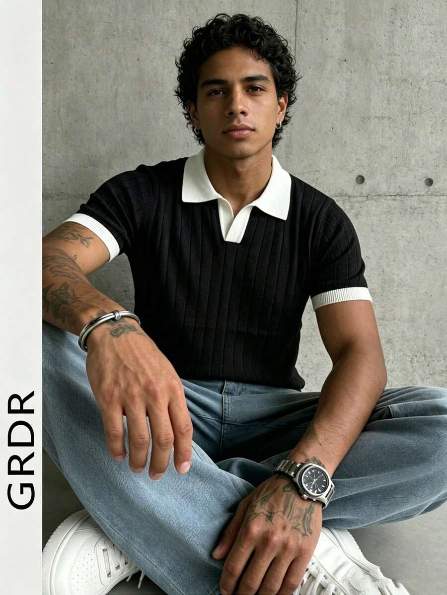 GRDR Men's Lightweight Seagull Collar Solid Color Short Sleeve Knit Sweater, Suitable For Summer Outings, Essential For Fashionable Styling