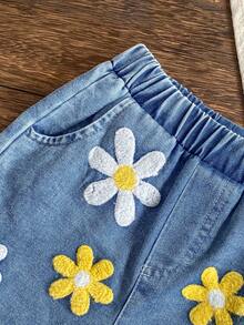 2pcs/Set Young Girl' Cute Minimalist 3D Flower & Bee Decor Camisole And Denim Shorts Set, Summer - Yellow - View 8