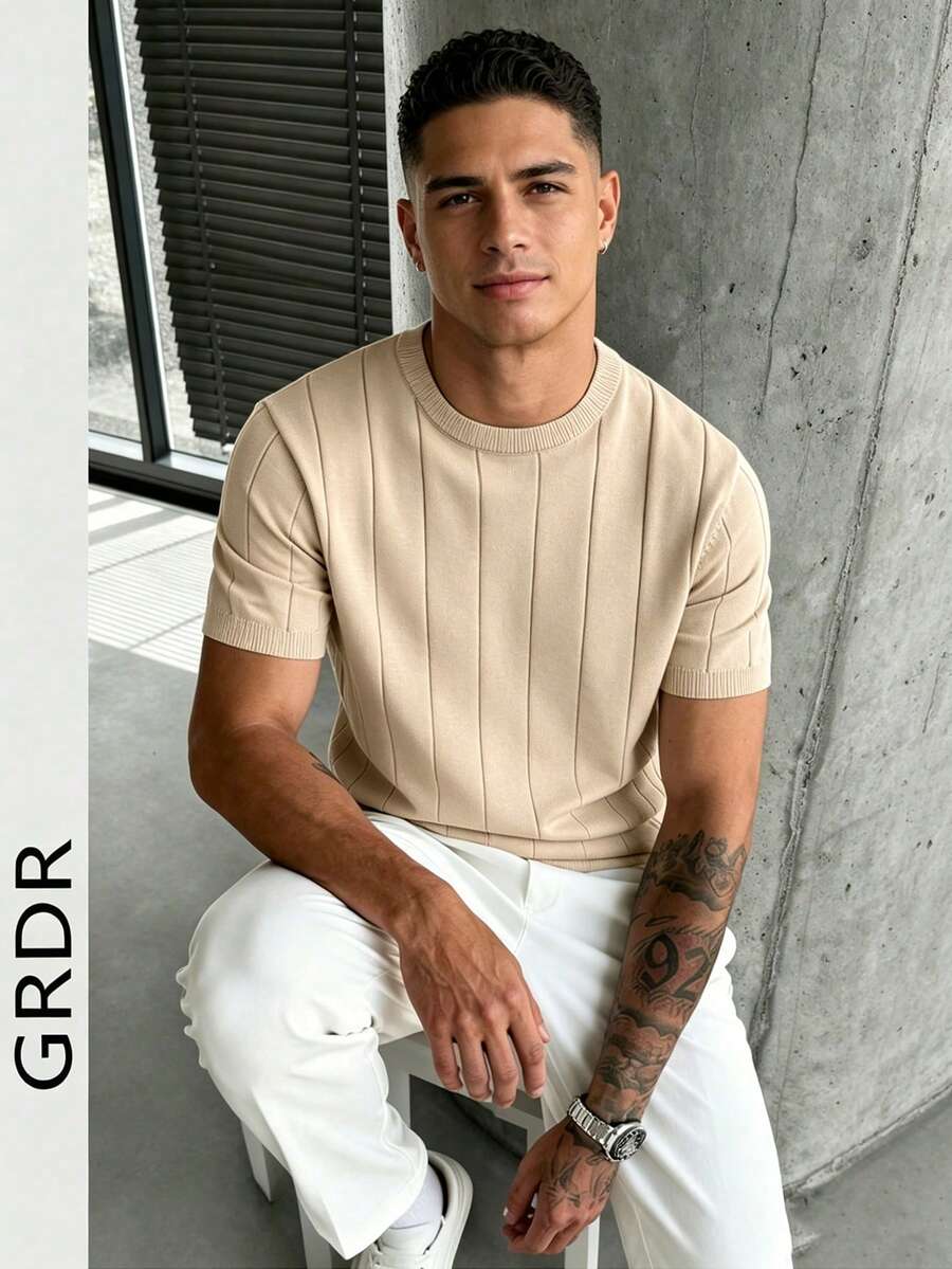 GRDR Men's Loose Thin Ribbed Crew Neck Knit Short Sleeve Sweater, Summer - Apricot - View 1