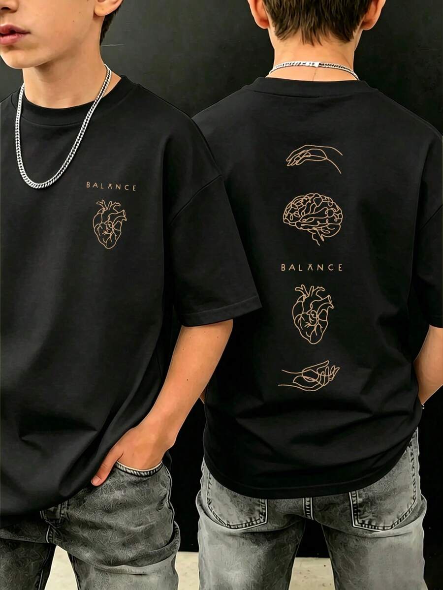 1件青少年男孩極簡線條印花T恤,黑金配色拼色抽象圖案上衣,寬鬆舒適透氣休閒街頭風必備,極簡街頭風格 - 黑色 - 查看 1