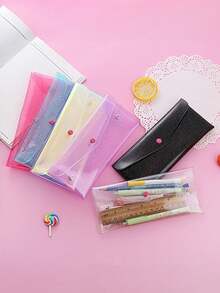 1PC Shiny Transparent Button Pencil Case | Holographic Transparent PVC Storage Bag, Stationery Pouch, Back To School Season - Multicolor - View 7