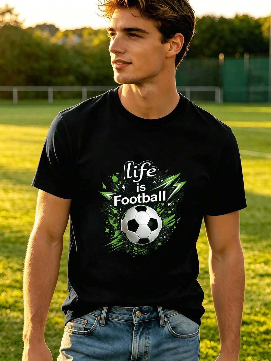 Herren-Fu?Ball-T-Shirt Mit Grafikprint, L?Ssiges Shirt Aus Hochwertigem Stoff, Rundhalsausschnitt, Bequeme Passform, Street-Hip-Hop-Stil - White - View 1
