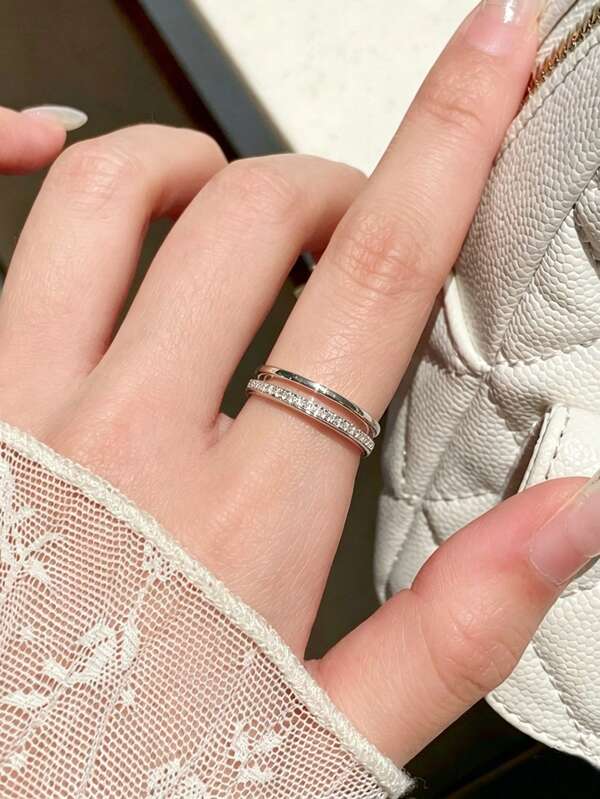 1pc Silver Copper Material High-End Fashion Elegant Versatile Niche Double Layer Open Ring Suitable For Women's Daily, Holiday, Party Wear