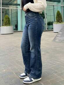 Women's Vintage Minimalist Elastic Waist Casual Loose Straight Leg Denim Jeans Fall - Dark Wash - View 5