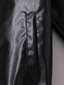 Teen Boy Spring/Autumn Black Solid Color Fashionable Retro Versatile Streetwear PU Leather Jacket With Slanted Pockets Baseball Collar Cool Handsome Outerwear Autumn New Style Jacket - Black - View 6