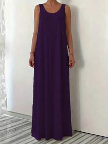 Plus Size Women's Summer Casual Loose Daily Comfortable Round Neck Sleeveless Solid Color Fitted Long Dress Elegant - Purple 1 - View 3
