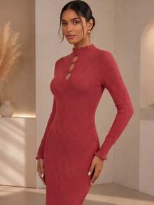 Vestido Midi Feminino Tricot Canelado Manga Longa Gola Alta Elegante - Goiaba - Visão 3