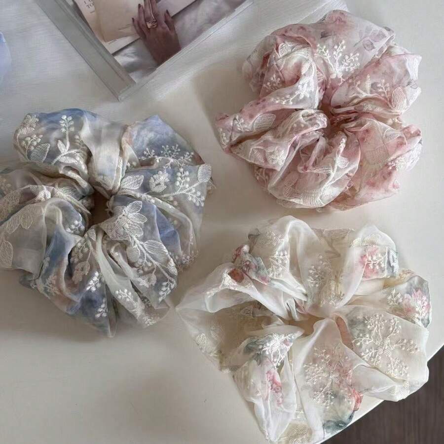 刺繡花朵髮圈,新款優雅花卉印花聚酯纖維髮帶,馬尾髮圈,春夏彈性髮圈 - 彩色 - 查看 1