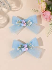 2pcs Floral Tulle Hair Bows For Girls,Flowers Hair Clips,Casual Hair Barrettes For Teens Holiday Beach Essentials Party Gifts Hair Accessories - Multicolor - View 4