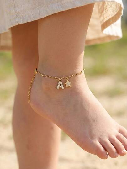 1pc Exquisite Fashionable Zirconia Star & A-Z Initial Multi-Pendant Stainless Steel Bead Chain Anklet, Girls Summer Beach Party Vacation Holiday Jewelry, Daily Versatile Accessory Gift