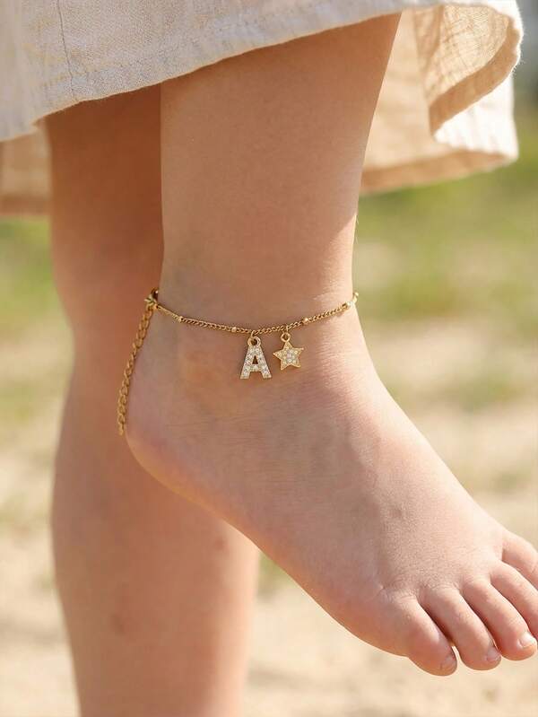 1pc Exquisite Fashionable Zirconia Star & A-Z Initial Multi-Pendant Stainless Steel Bead Chain Anklet, Girls Summer Beach Party Vacation Holiday Jewelry, Daily Versatile Accessory Gift