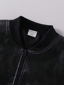 Teen Boy Spring/Autumn Black Solid Color Fashionable Retro Versatile Streetwear PU Leather Jacket With Slanted Pockets Baseball Collar Cool Handsome Outerwear Autumn New Style Jacket - Black - View 3