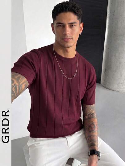 GRDR Men's Thin Summer Knit Solid Color Ribbed Short Sleeve, Sports Casual, Suitable For Outdoor Sports