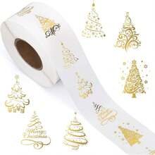 500pcs Transparent Gold Foil Christmas Tree Doodle Sticker Roll - 1 Inch Round, Elegant Christmas Tree And Decorative Designs, Suitable For Holiday Cards, Gift Wrapping And Envelopes, 6 Patterns, Transparent Background, Paper Material, Christmas Stickers - Transparent Gold Foil Christmas Tree - View 8