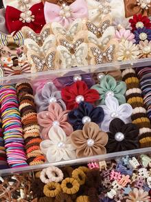 870PCS Morandi Color Vintage Girls Hair Accessories Set, Including Satin Bow Hair Clips, Double Layer Butterfly Hair Clips, Rhinestone Pearl Flower Side Clips, Bow Hair Ties, Star Snap Clips, Multiple Mini Claw Clips, Bubble Hair Ties, Bamboo Knot Towel Hair Bands, Lace Elastic Hair Bands And TPU Rubber Bands, Suitable For Girls Daily, Party, Travel Use - Multicolor - View 8