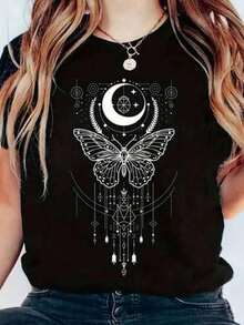 Women's Basic Short-Sleeve T-Shirt Autumn/Winter 2025 - Round Neck, Loose Fit, Stylish  Butterfly Print, Soft Fabric With Excellent Drape. Highly Versatile, Perfect For Any Outfit. - Negro 3 - View 1