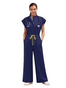 Women's Scrub Top Clinical Workwear Hospital Surgical Scrub Beauty Salon Lab Workwear With Pockets Dental Scrub Nursing One-Piece Scrub New Fall - Navy Blue - View 4