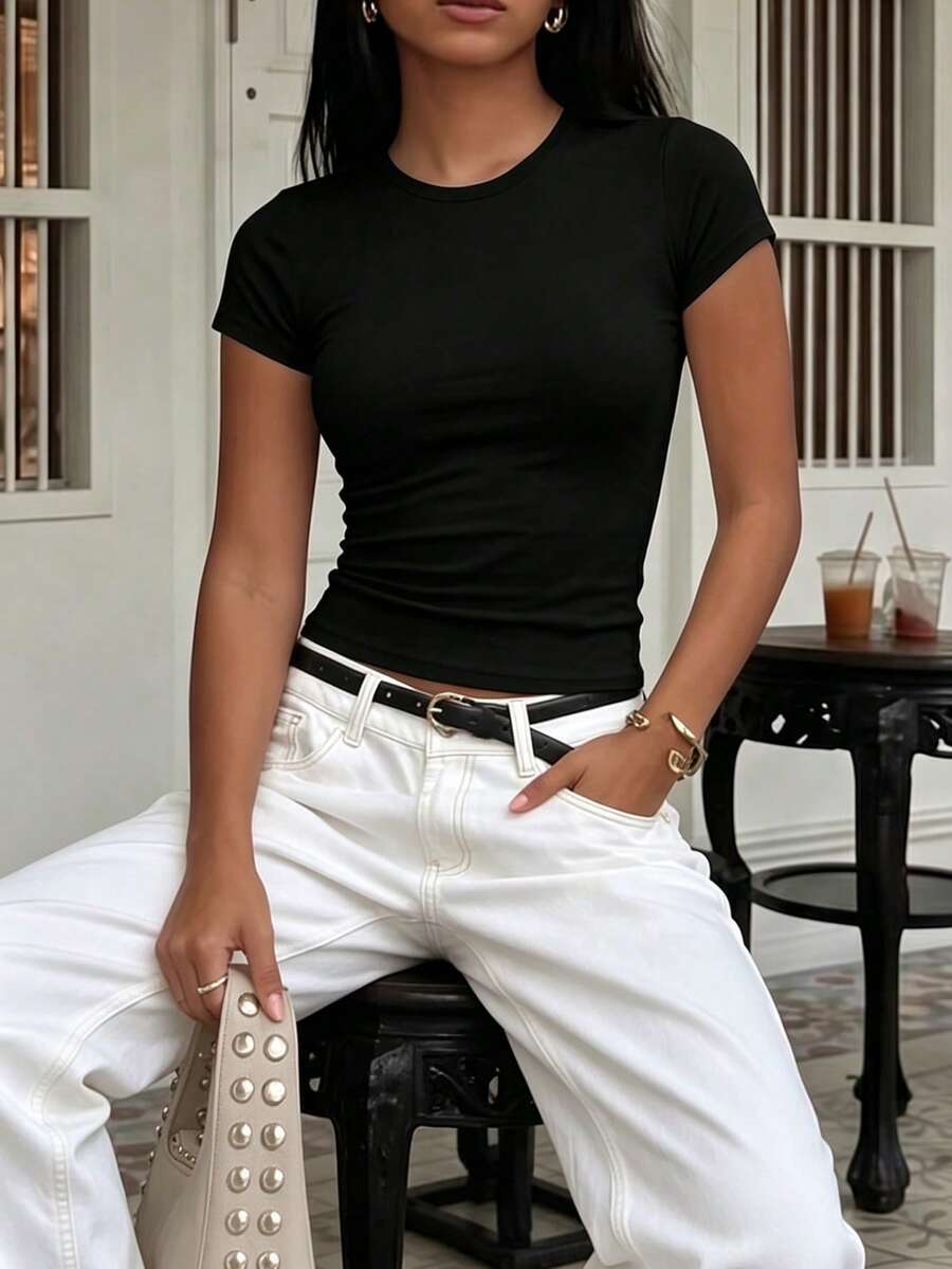 Women's Solid Color Round Neck Short Sleeve Pleated Casual T-Shirt Summer Style - Charcoal Black - View 1