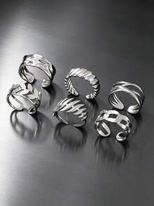 Men's 6pcs Stainless Steel Ring Set, Minimalist Niche Design Leaf Twist Textured Open Ring, Versatile Everyday Wear, Gift For Boyfriend - Silver - View 2