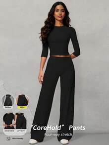 Yefecy 2Pcs Women's Basic Matching Set, Crew Neck Mid Sleeve Top & High Waist Letter Print Wide Leg Pants, Slim Elastic Outfit For Commute, Yoga Sports - Black - View 2