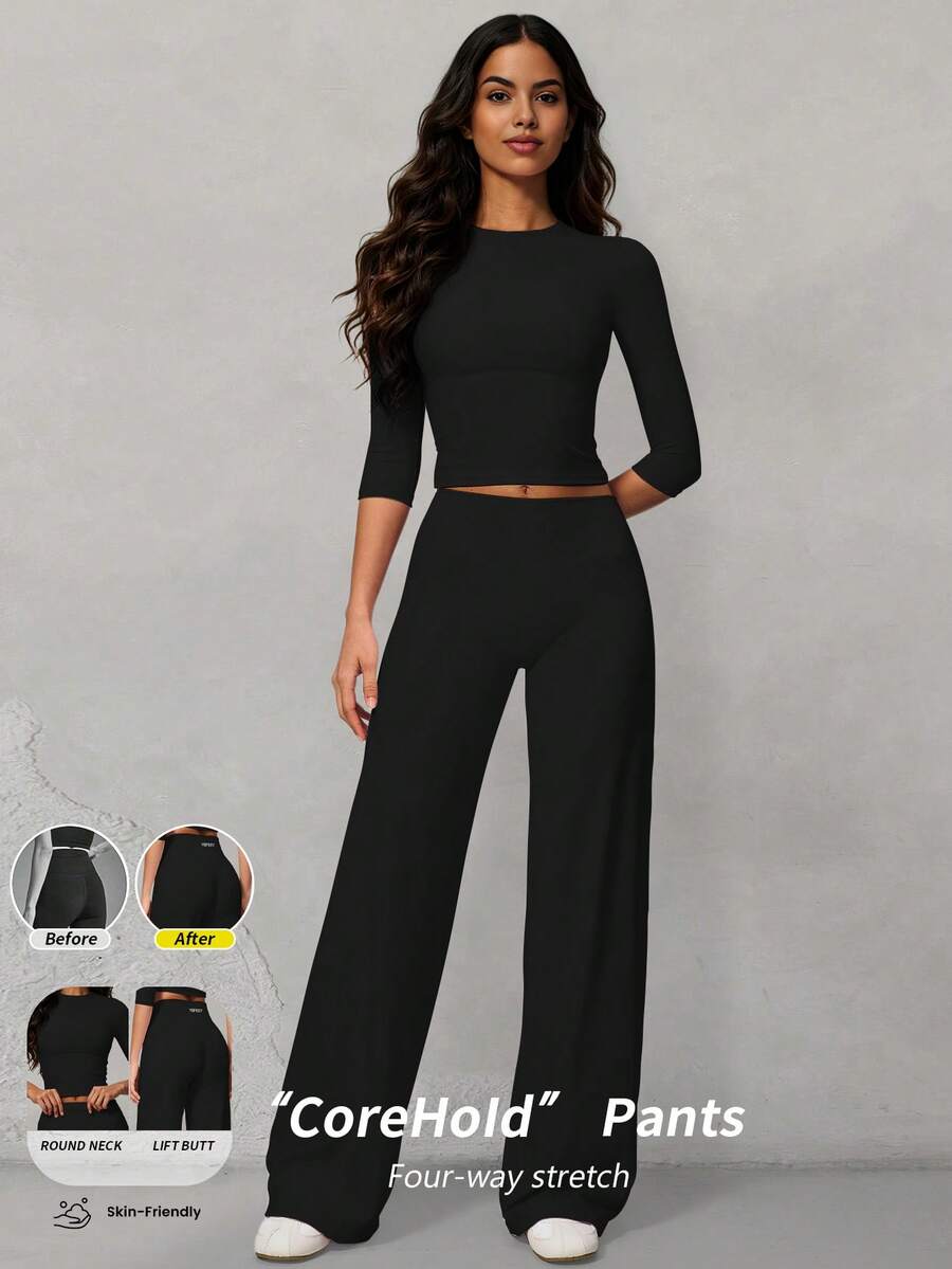 Yefecy 2Pcs Women's Basic Matching Set, Crew Neck Mid Sleeve Top & High Waist Letter Print Wide Leg Pants, Slim Elastic Outfit For Commute, Yoga Sports