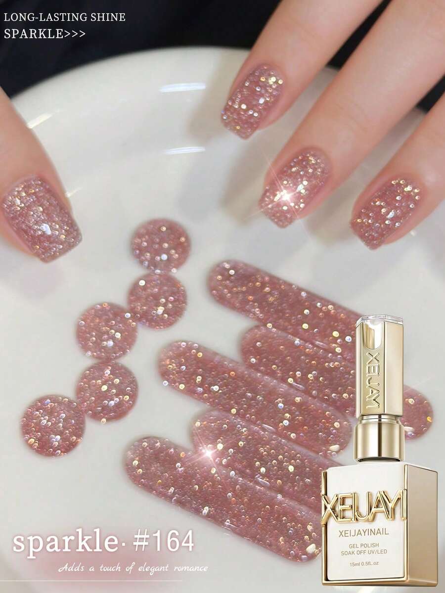 XEIJAYI Pink Glitter Diamond Nail Polish, Shimmering Reflective Red With Glitter, Holographic Reflective Removable UV/LED Nail Art, Formula, Suitable For Home And Salon Use, Essential For Spring