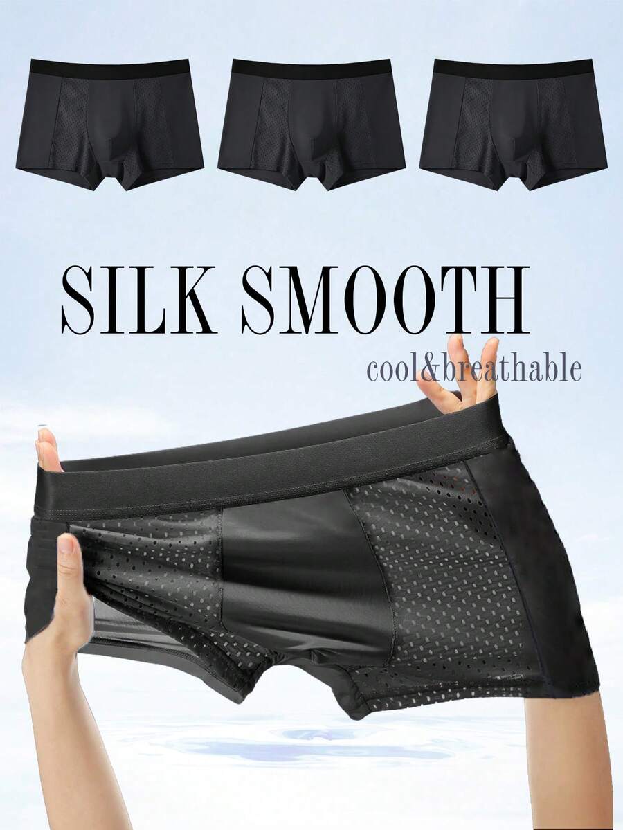 3 piezas Bóxers de unicolor de seda de hielo para hombre transpirables - Negro - Ver 1