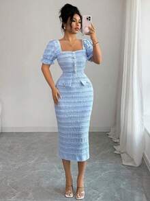 Nuevo vestido midi elegante y versátil de punto texturizado con cuello cuadrado y mangas cortas para mujeres - Azul - Ver 7