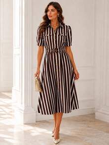 Women's Midi Shirt Dress With Front Buttons And Belt - Elegant Wedding Casual Fashion - 鏽棕色 - 查看 4