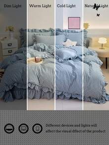 Set Sprei Selimut Minimalis Motif Kotak-kotak Kecil Warna Biru dengan Pinggiran Bergelombang, Nyaman, Lembut, dan Ramah Kulit, 3 Buah (1*Sprei Selimut + 2*Sarung Bantal, Tanpa Isi), Cocok untuk Kamar Tidur, Kamar Tamu, Dapat Dicuci dengan Mesin, Sepanjang Musim - Dusty Blue - View 7