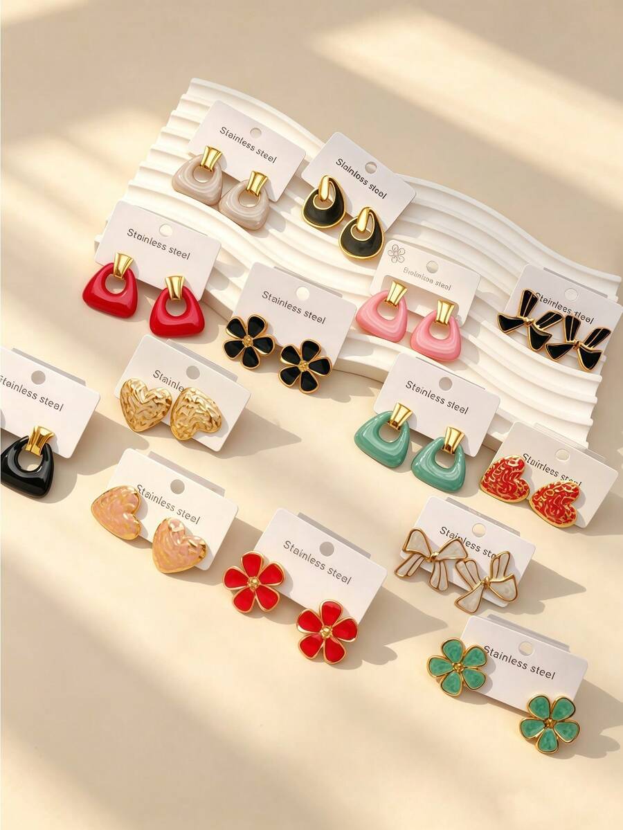 18pcs/Set Women's Stainless Steel Earrings (Random Style), Featuring Colorful Enamel Floral, Heart And Bow Designs, Fashion Daily Accessories - Multicolor - View 1