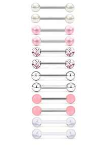 12pcs Set Minimalist Classic Stainless Steel Tongue Rings, Nipple Rings, Ball Studs, Body Jewelry Suitable For Women's Daily Wear - 12-piece Set - View 11